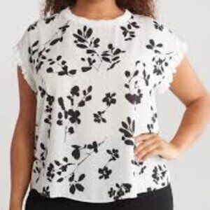 T. TAHARI RUFFLE CAP SLEEVE BLACK WHITE WOMEN SHORT SLEEVE BLOUSE SIZE LARGE NEW